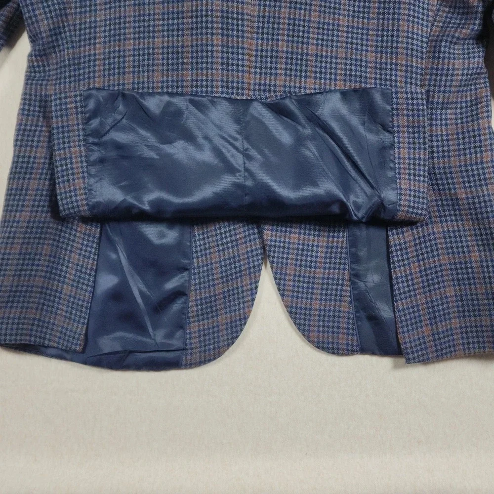 Merino Wool Plaid Blazer Mens 44S Dark Academia Classic Fit Navy Sport Coat